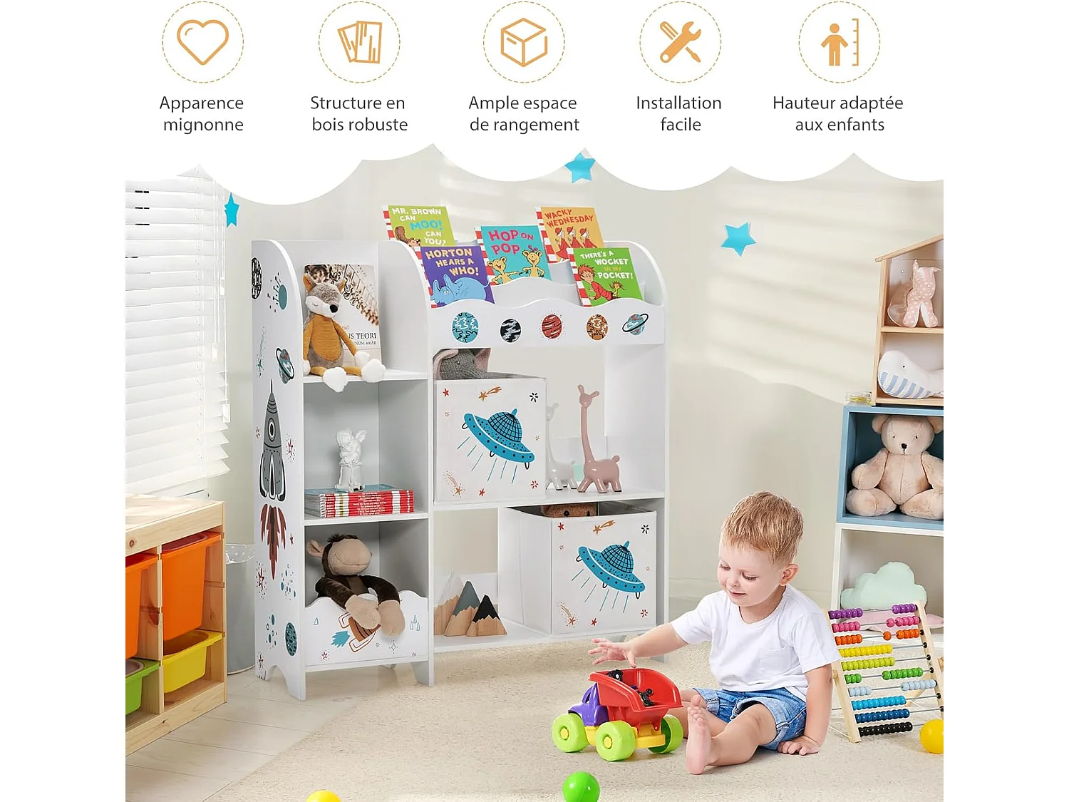 Meuble de rangement jouet enfants avec motif fusée & 5 compartiments,93x30x102cm