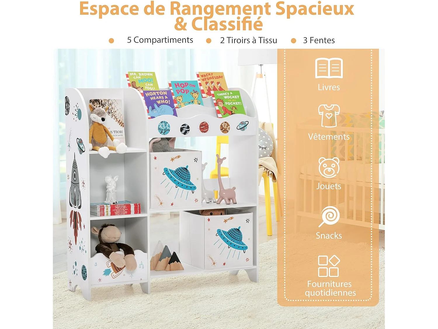 Meuble de rangement jouet enfants avec motif fusée & 5 compartiments,93x30x102cm