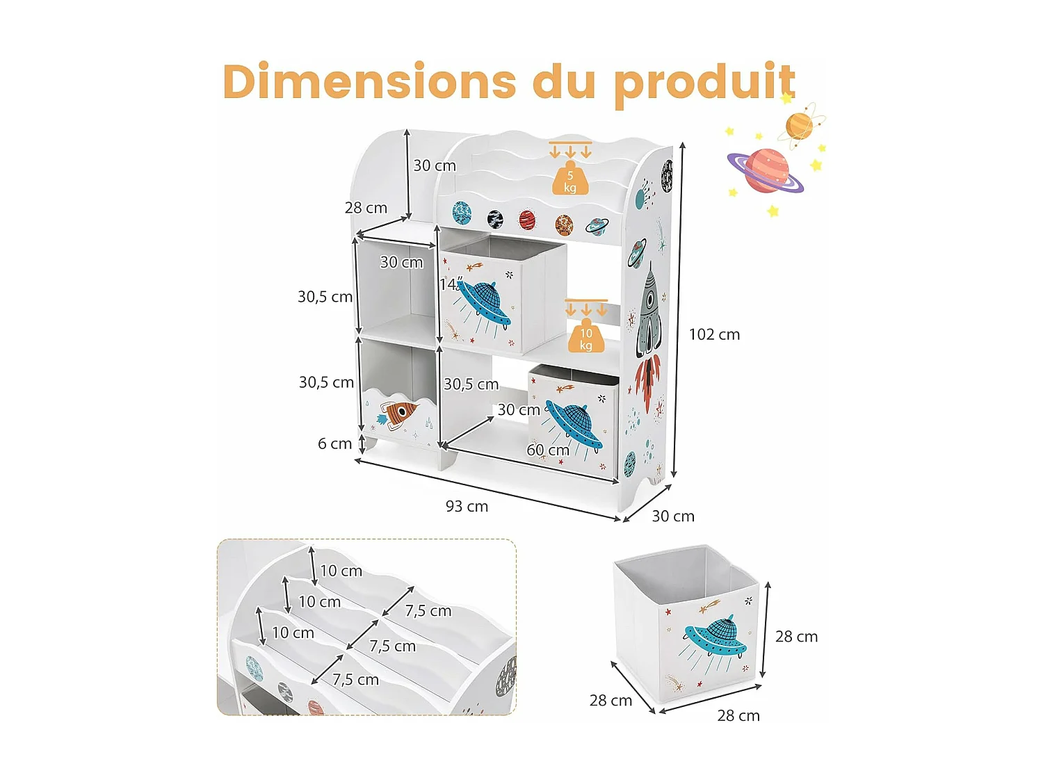 Meuble de rangement jouet enfants avec motif fusée & 5 compartiments,93x30x102cm