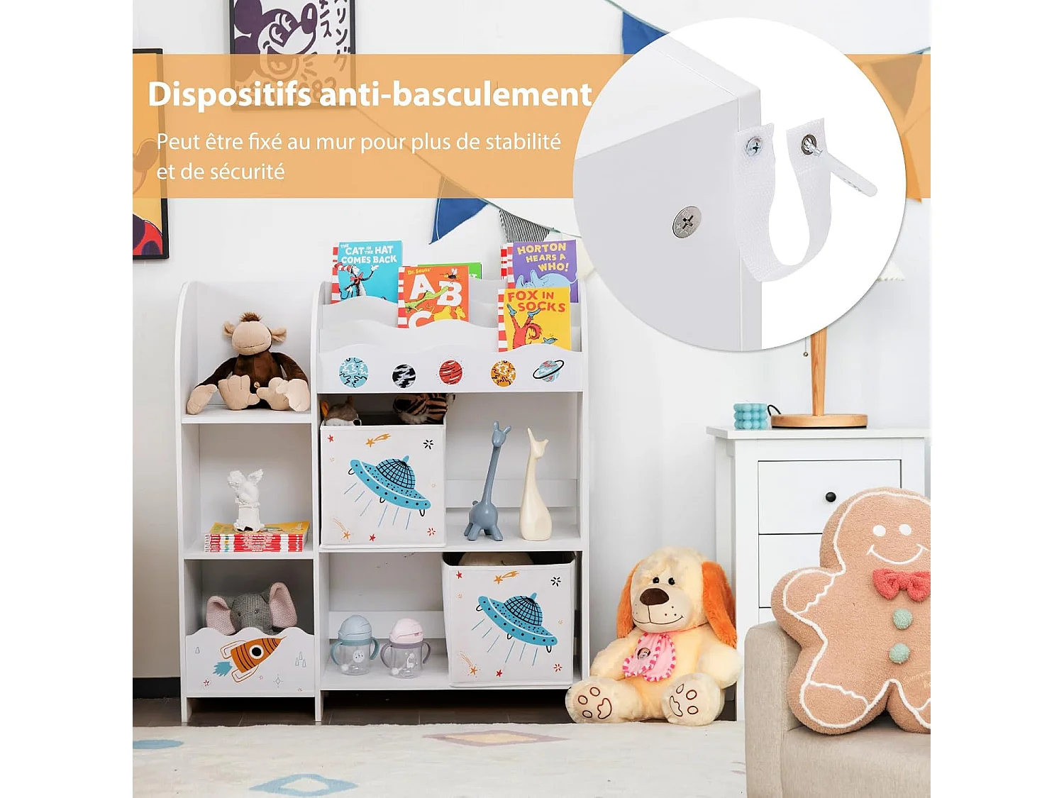 Meuble de rangement jouet enfants avec motif fusée & 5 compartiments,93x30x102cm