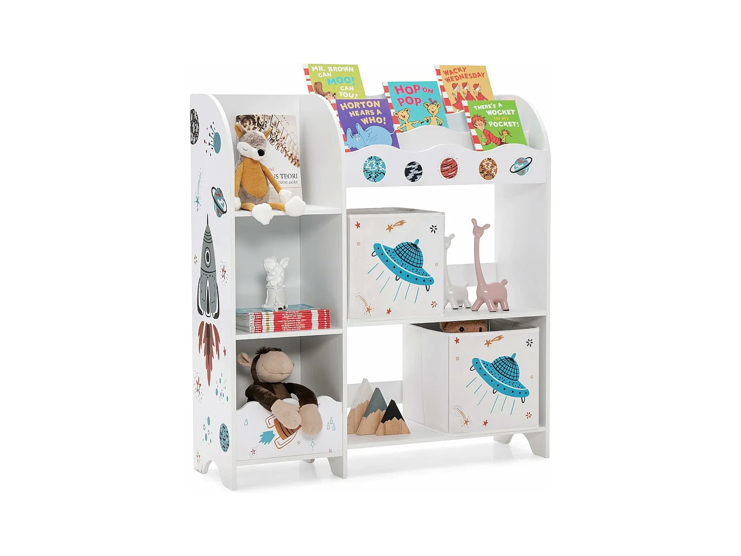 Meuble de rangement jouet enfants avec motif fusée & 5 compartiments,93x30x102cm