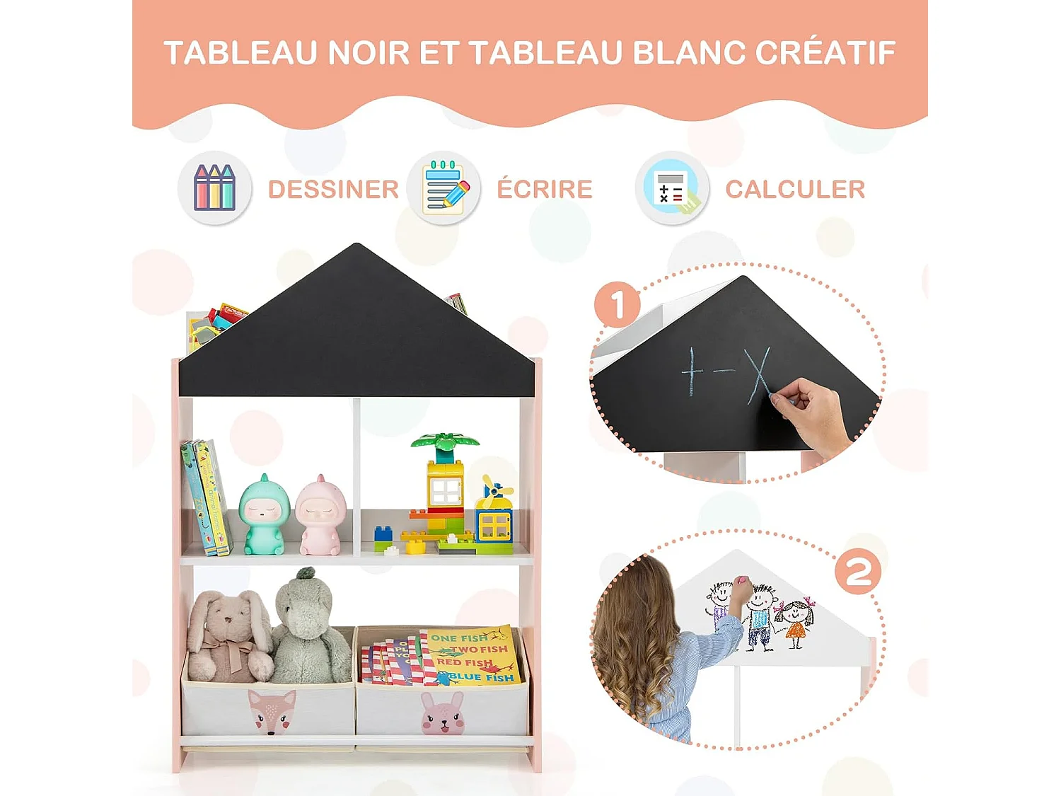 Bibliothèque enfant avec tableau noir & blanc, 2 tiroirs en tissu (rose)