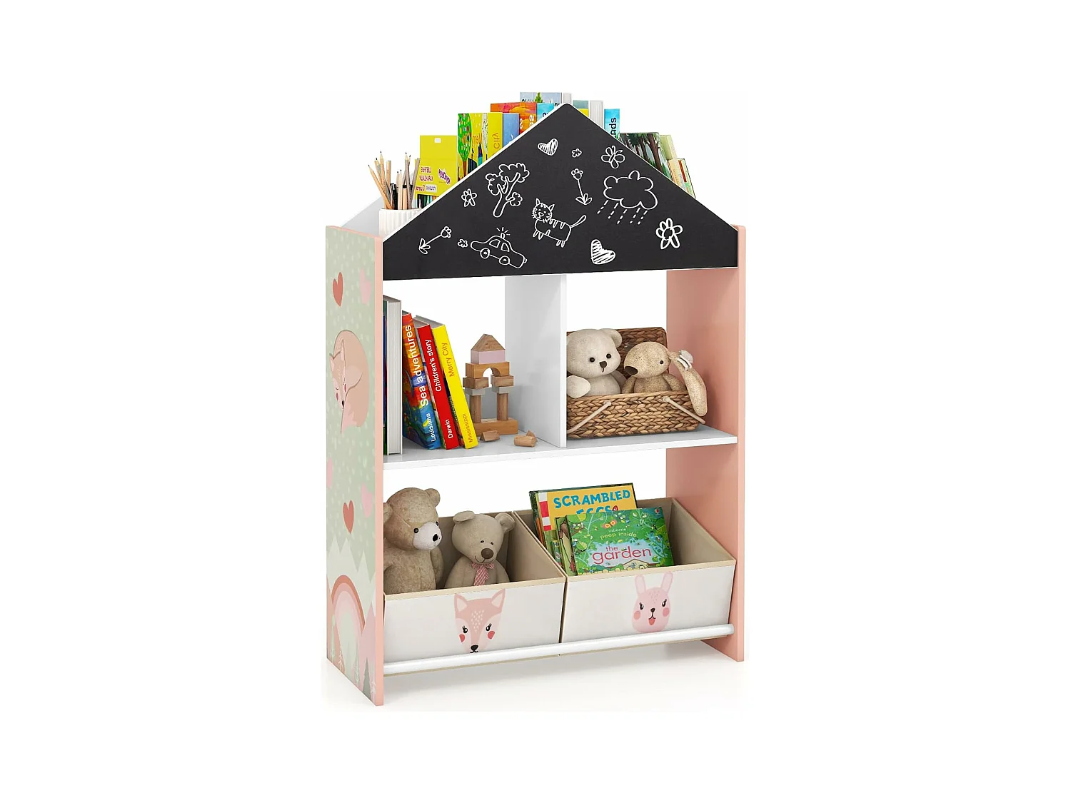 Bibliothèque enfant avec tableau noir & blanc, 2 tiroirs en tissu (rose)