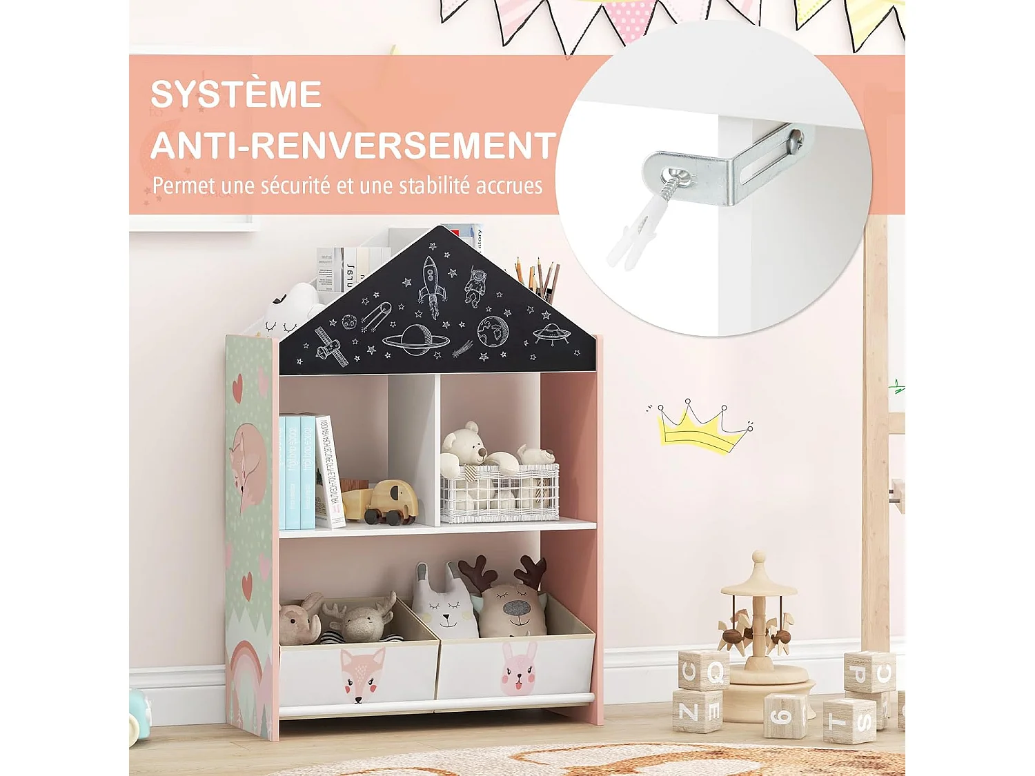 Bibliothèque enfant avec tableau noir & blanc, 2 tiroirs en tissu (rose)