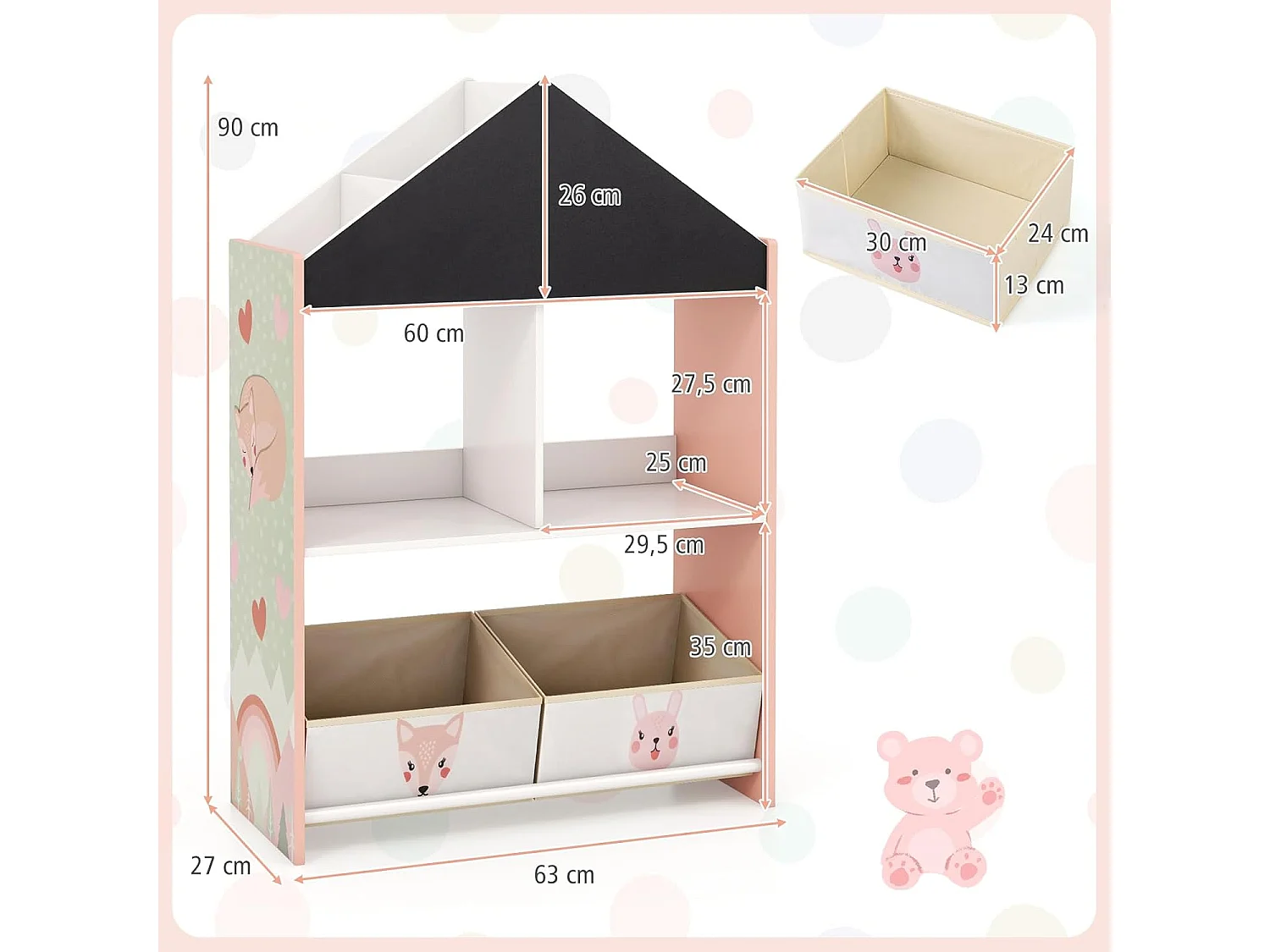 Bibliothèque enfant avec tableau noir & blanc, 2 tiroirs en tissu (rose)