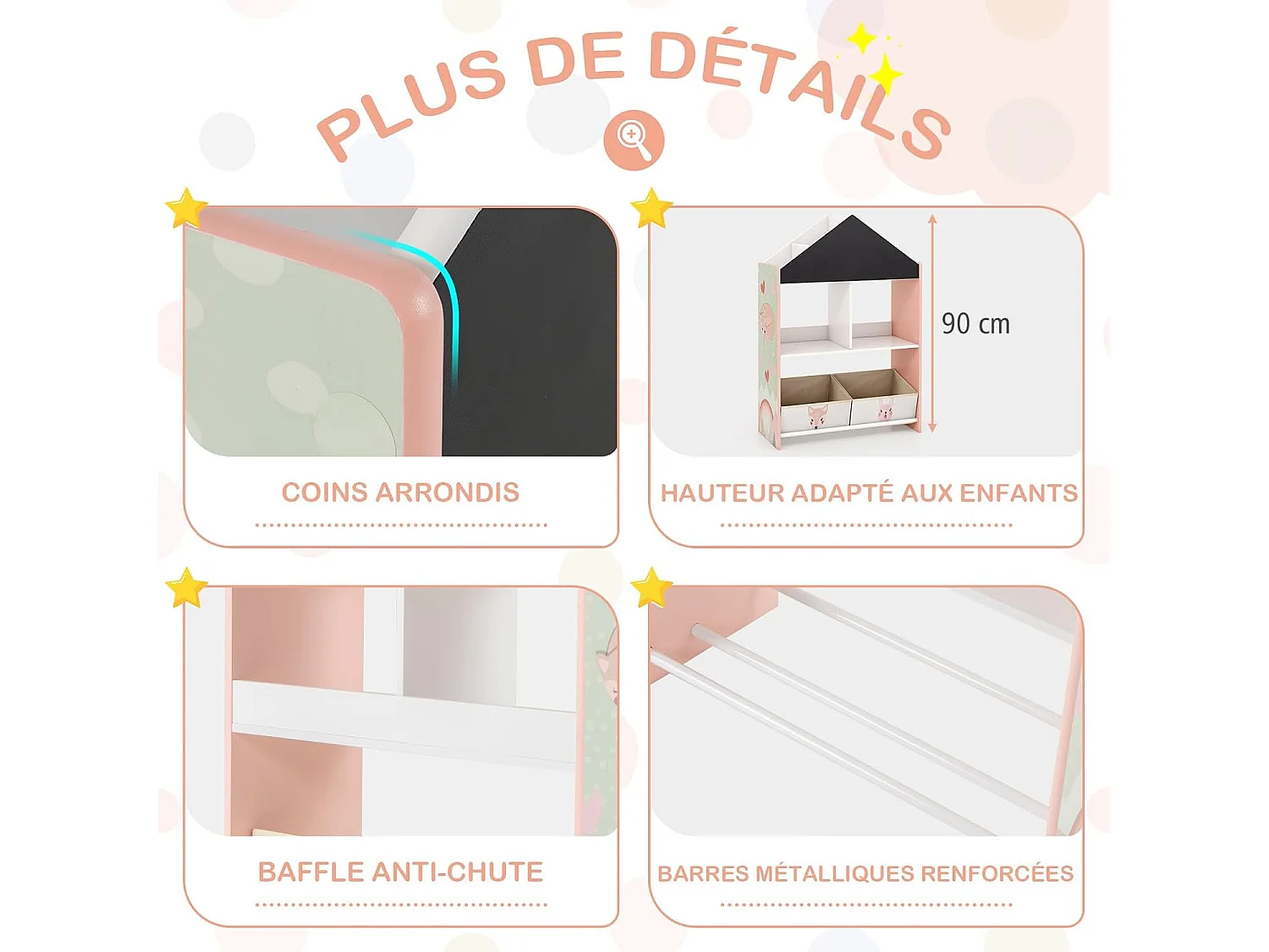 Bibliothèque enfant avec tableau noir & blanc, 2 tiroirs en tissu (rose)