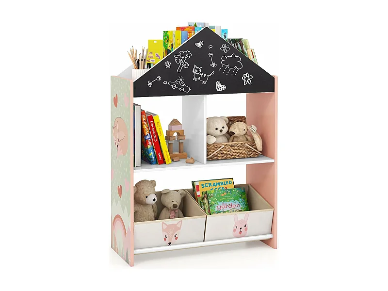 Bibliothèque enfant avec tableau noir & blanc, 2 tiroirs en tissu (rose)