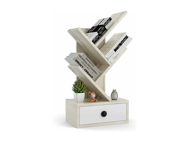 Bibliothèque à 5 niveaux en forme d’arbre, meuble sur pied avec tiroir, beige