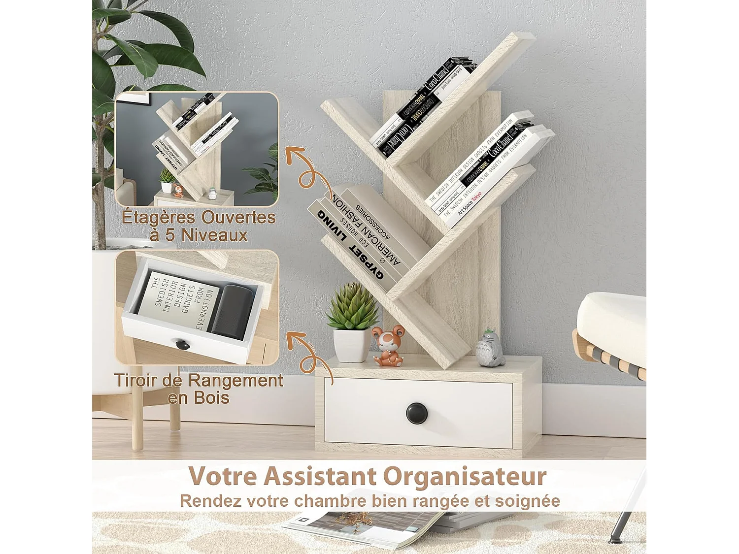 Bibliothèque à 5 niveaux en forme d’arbre, meuble sur pied avec tiroir, beige