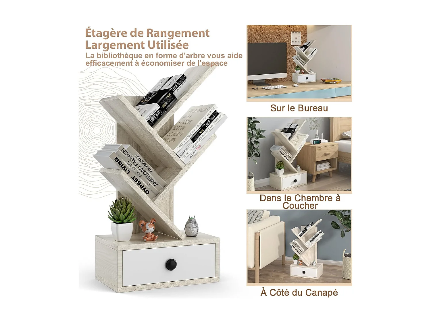 Bibliothèque à 5 niveaux en forme d’arbre, meuble sur pied avec tiroir, beige