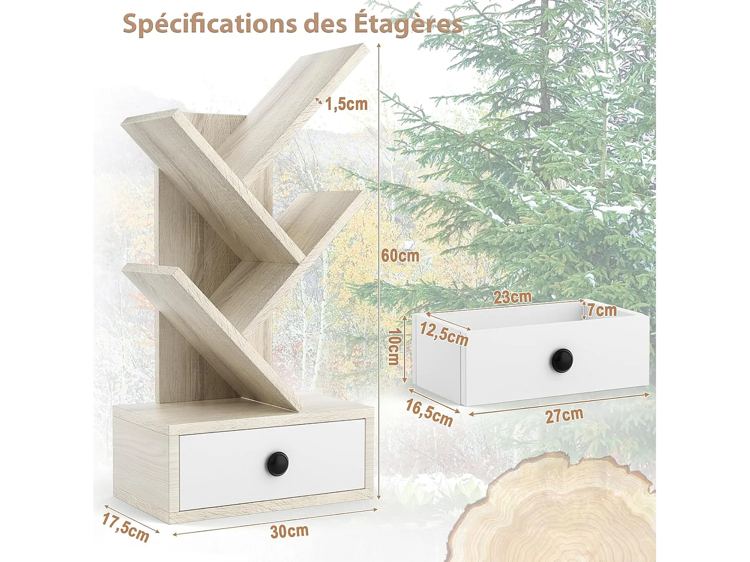 Bibliothèque à 5 niveaux en forme d’arbre, meuble sur pied avec tiroir, beige