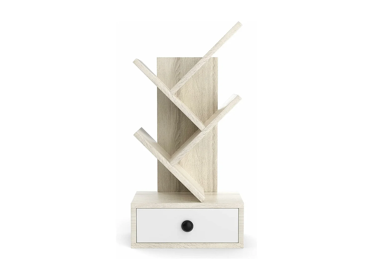 Bibliothèque à 5 niveaux en forme d’arbre, meuble sur pied avec tiroir, beige