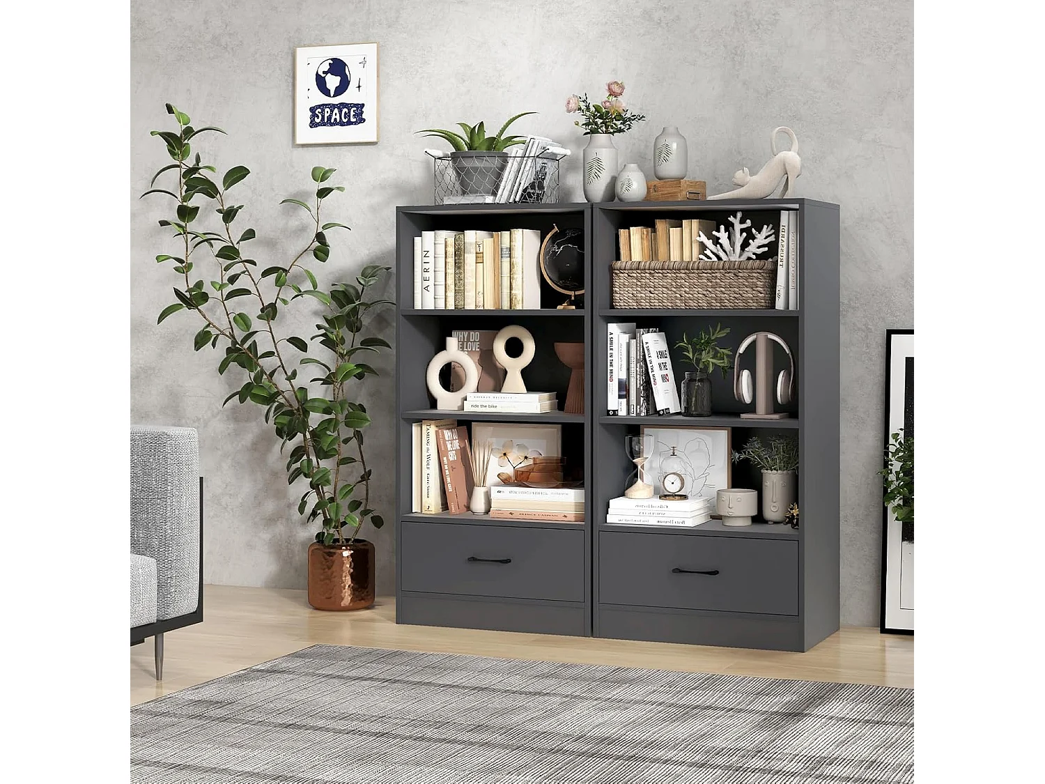 Bibliothèque étagère en bois à 4 niveaux avec grand tiroir (60 x 38 x 120 cm,gris)