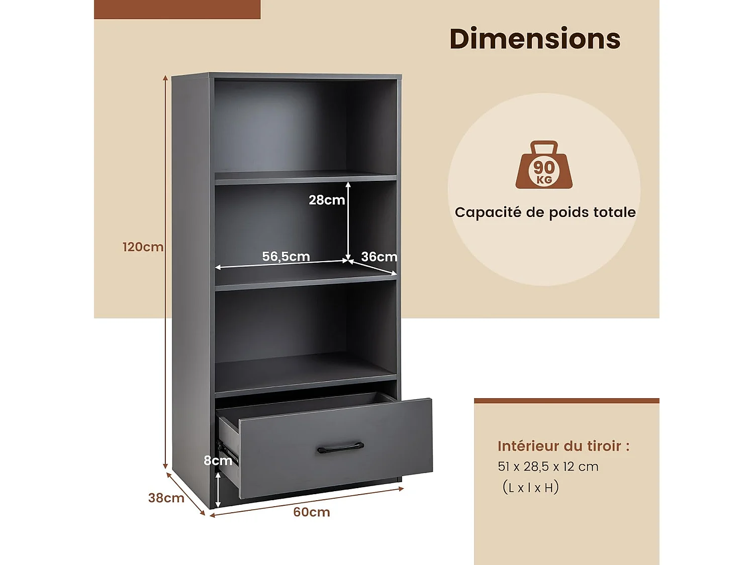 Bibliothèque étagère en bois à 4 niveaux avec grand tiroir (60 x 38 x 120 cm,gris)