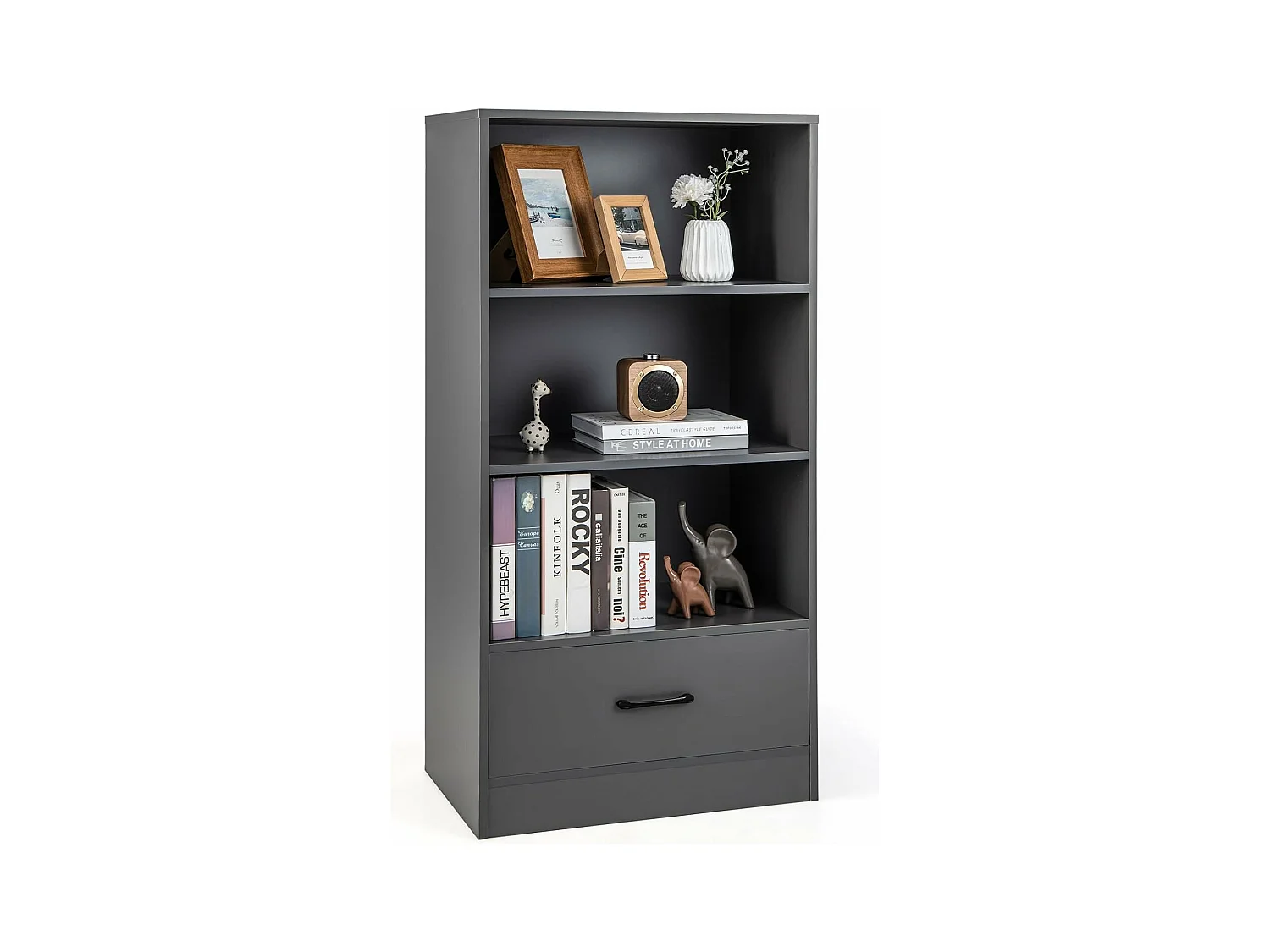 Bibliothèque étagère en bois à 4 niveaux avec grand tiroir (60 x 38 x 120 cm,gris)