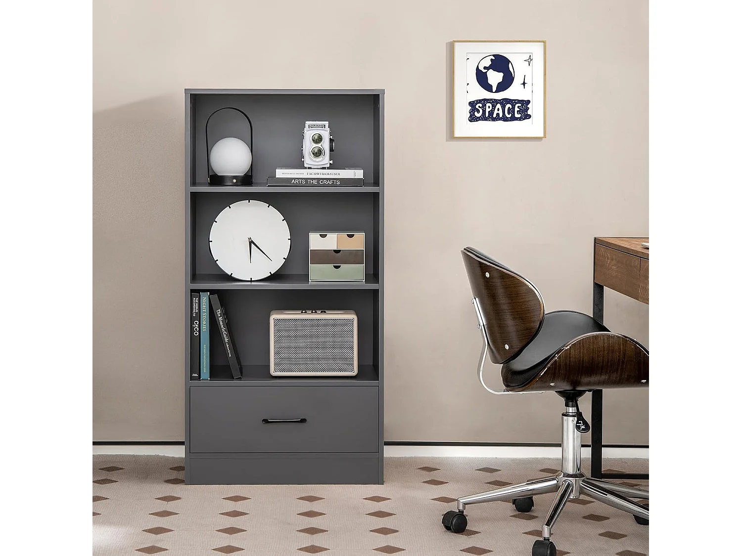 Bibliothèque étagère en bois à 4 niveaux avec grand tiroir (60 x 38 x 120 cm,gris)