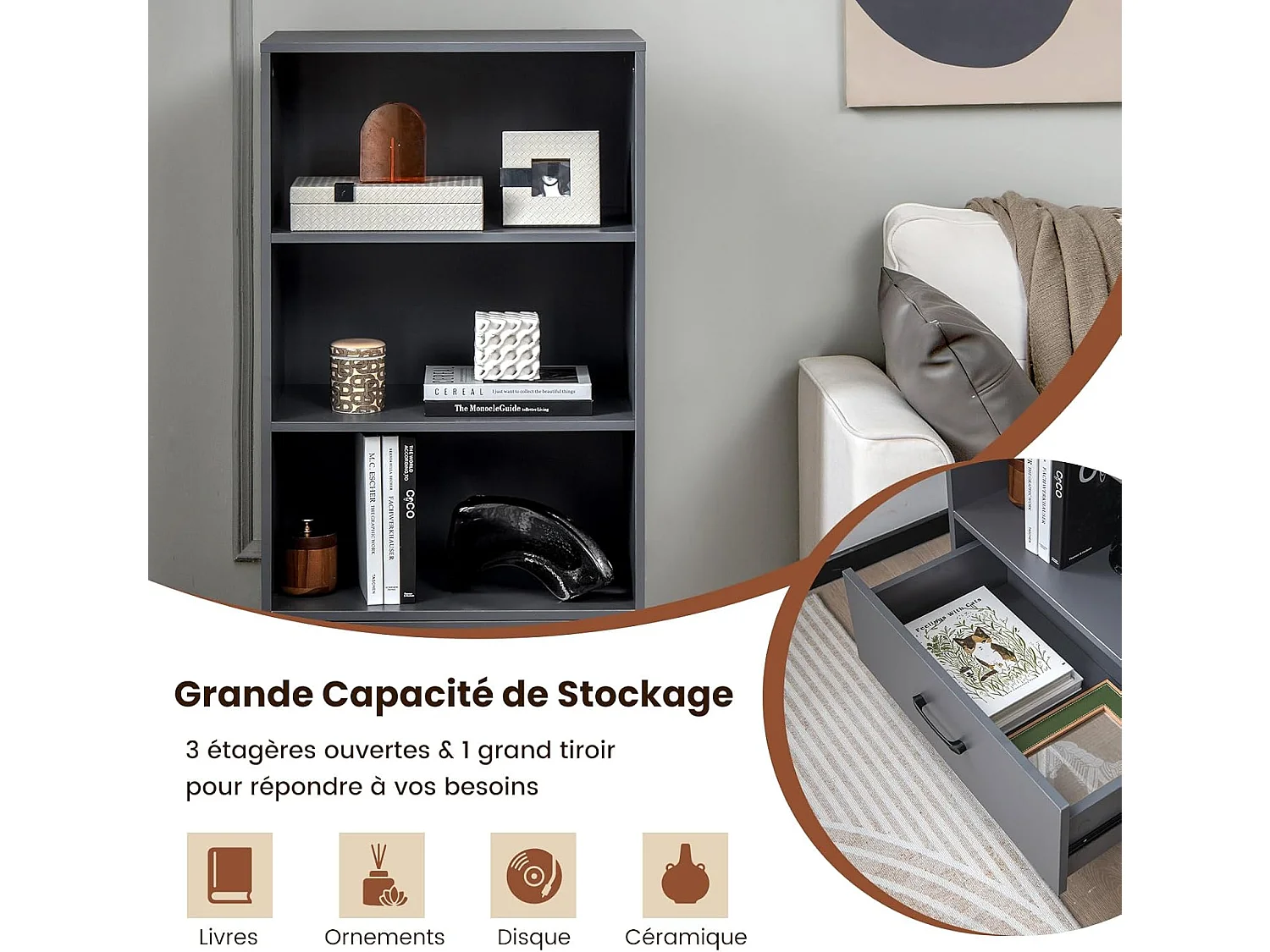 Bibliothèque étagère en bois à 4 niveaux avec grand tiroir (60 x 38 x 120 cm,gris)