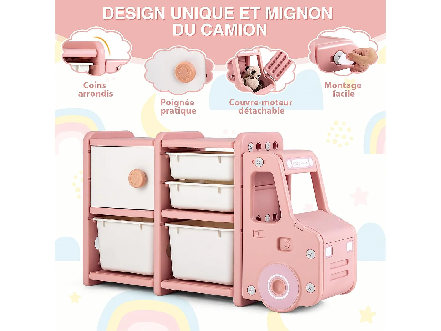 Meuble de Rangement Jouets en Forme Camion avec 2 Bac & 2 Tiroirs, 110x32x66cm, Rose