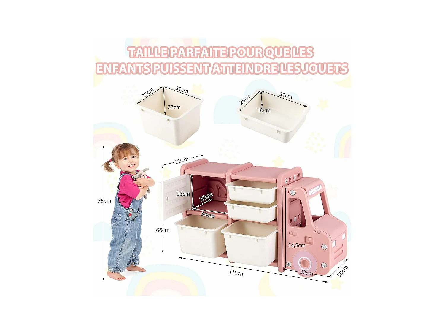 Meuble de Rangement Jouets en Forme Camion avec 2 Bac & 2 Tiroirs, 110x32x66cm, Rose