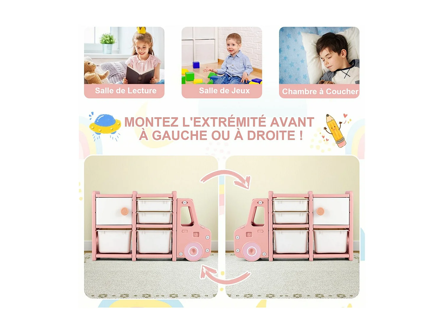 Meuble de Rangement Jouets en Forme Camion avec 2 Bac & 2 Tiroirs, 110x32x66cm, Rose