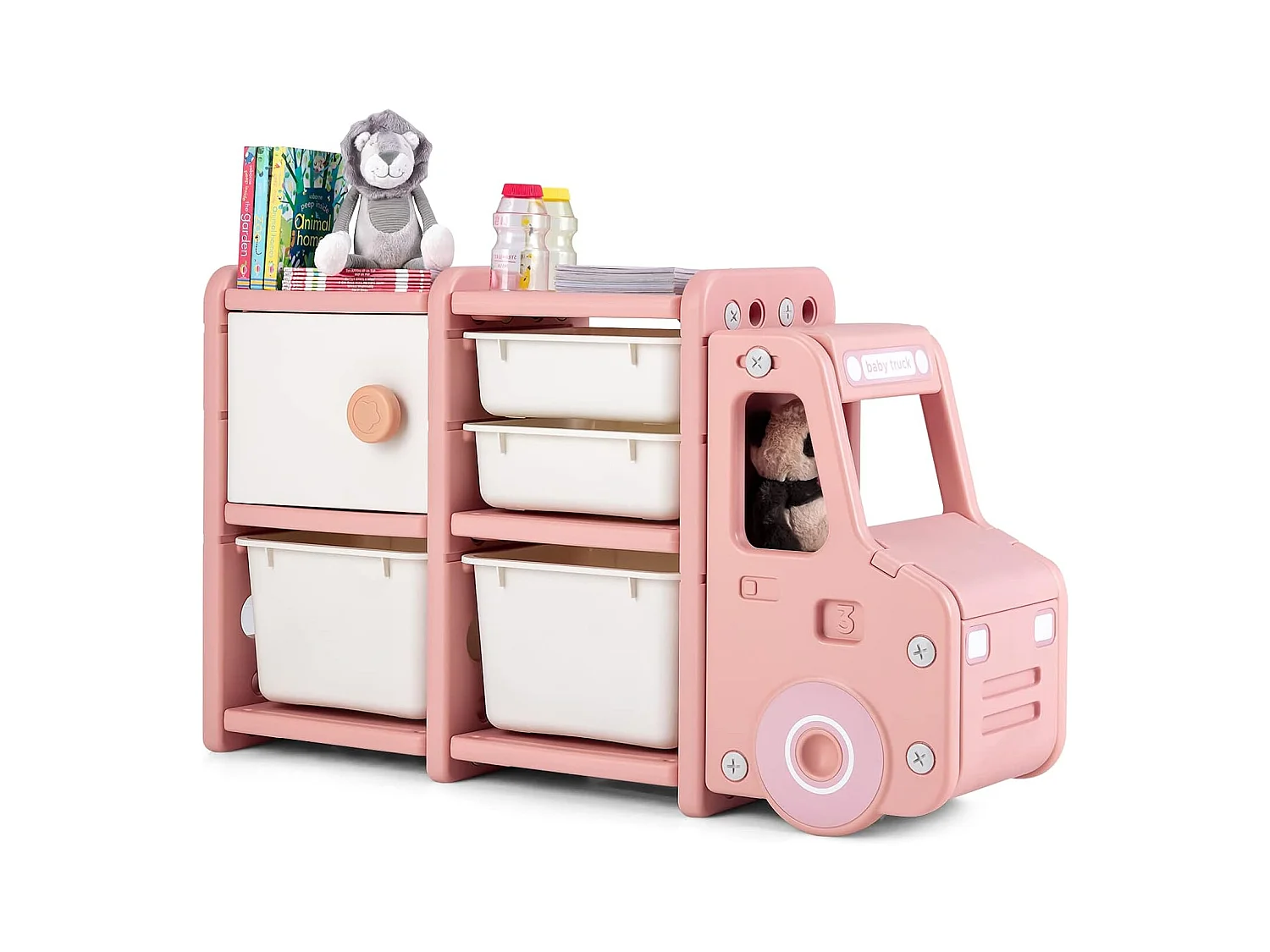 Meuble de Rangement Jouets en Forme Camion avec 2 Bac & 2 Tiroirs, 110x32x66cm, Rose