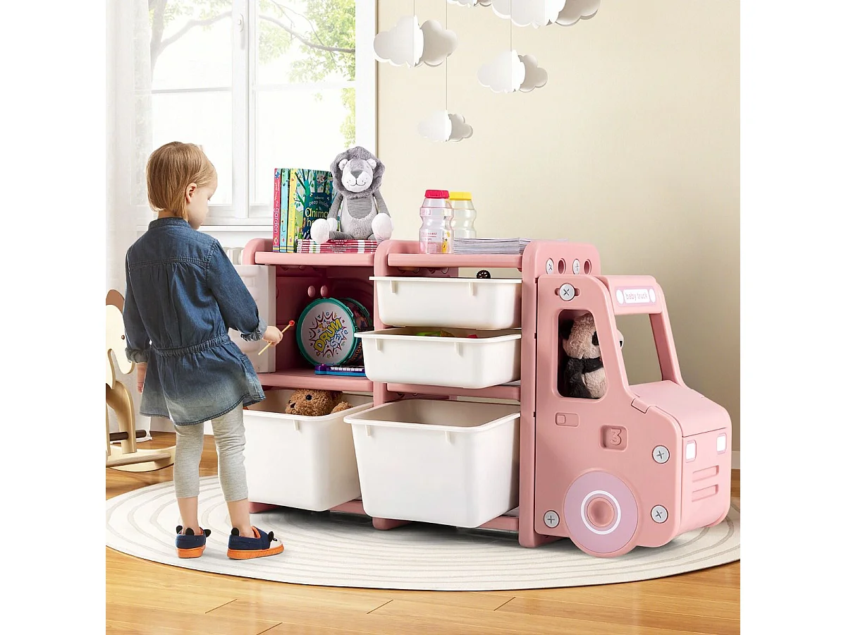 Meuble de Rangement Jouets en Forme Camion avec 2 Bac & 2 Tiroirs, 110x32x66cm, Rose
