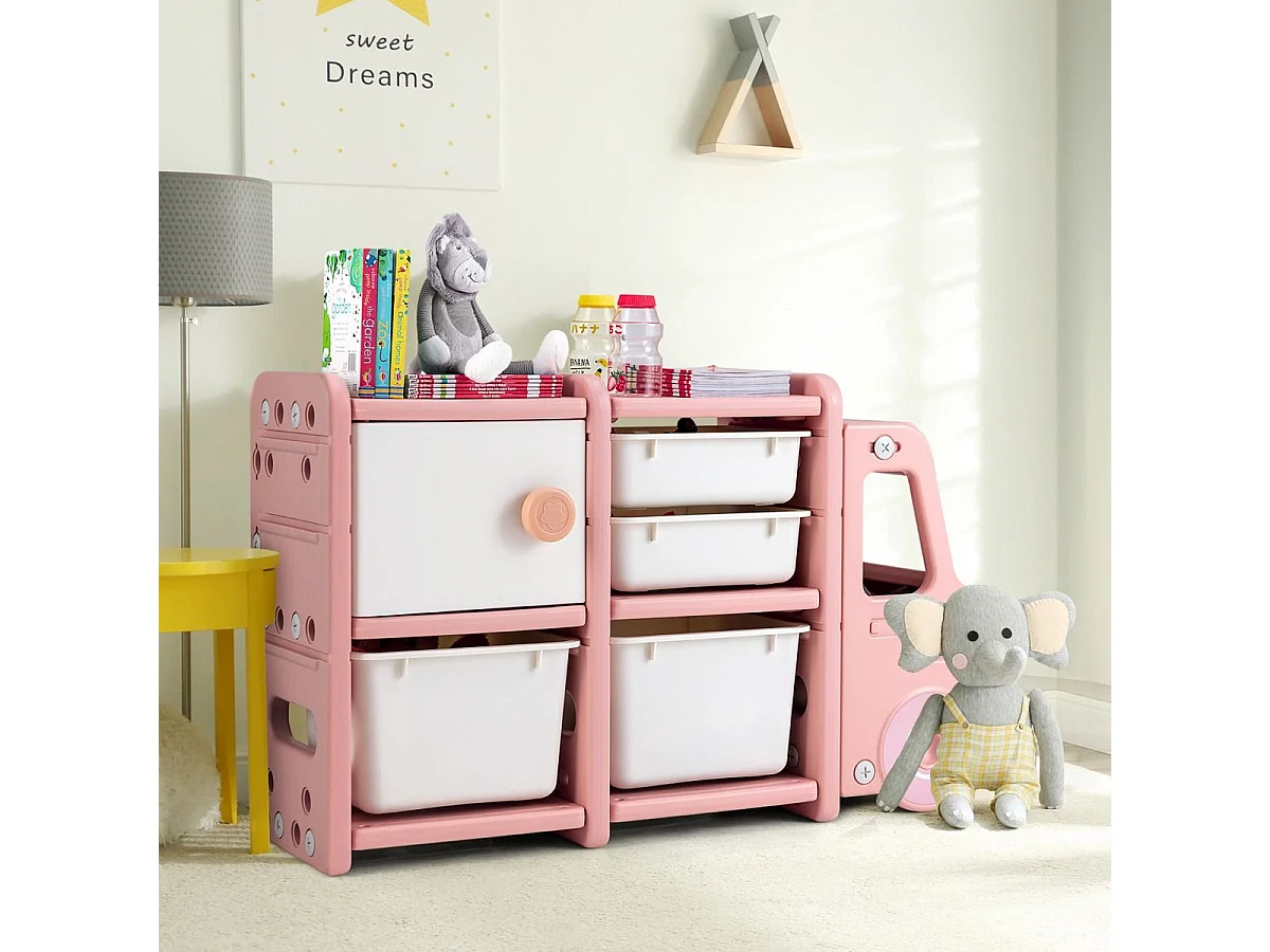 Meuble de Rangement Jouets en Forme Camion avec 2 Bac & 2 Tiroirs, 110x32x66cm, Rose