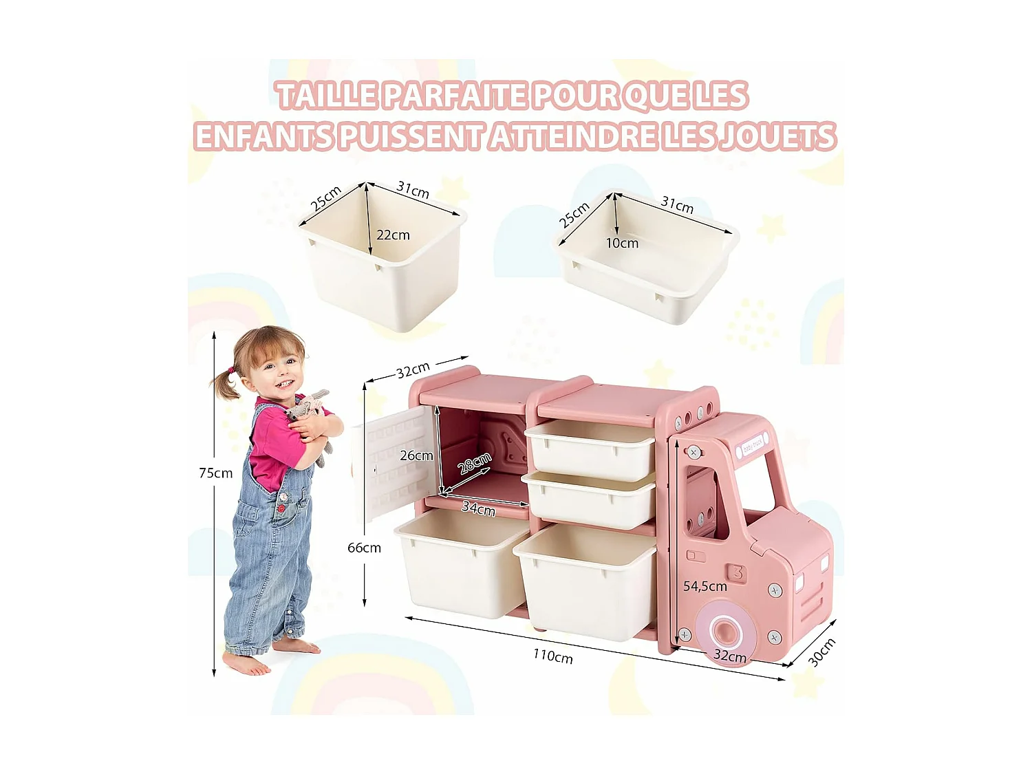Meuble de Rangement Jouets en Forme Camion avec 2 Bac & 2 Tiroirs, 110x32x66cm, Rose