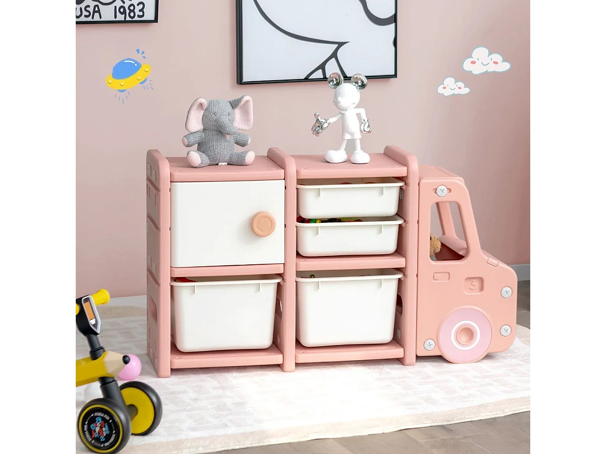 Meuble de Rangement Jouets en Forme Camion avec 2 Bac & 2 Tiroirs, 110x32x66cm, Rose
