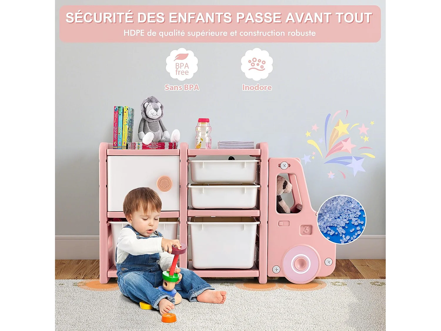Meuble de Rangement Jouets en Forme Camion avec 2 Bac & 2 Tiroirs, 110x32x66cm, Rose