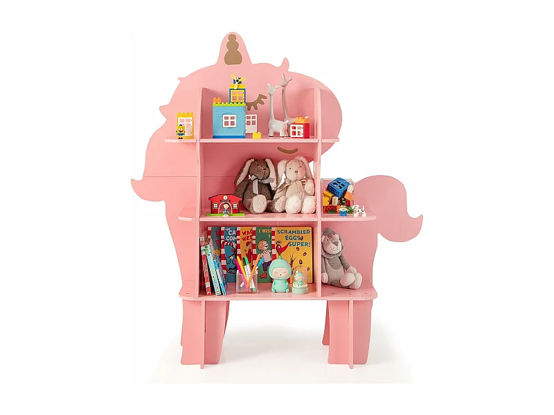 Étagère à livres enfant à 3 niveaux en forme unicorne avec étagères ouvertes