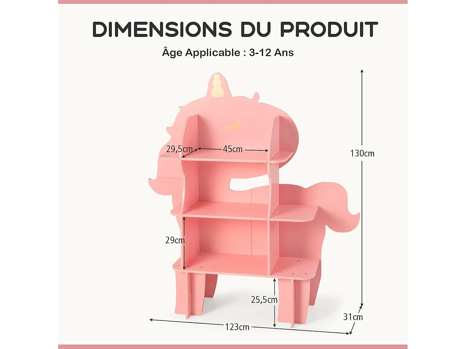 Étagère à livres enfant à 3 niveaux en forme unicorne avec étagères ouvertes