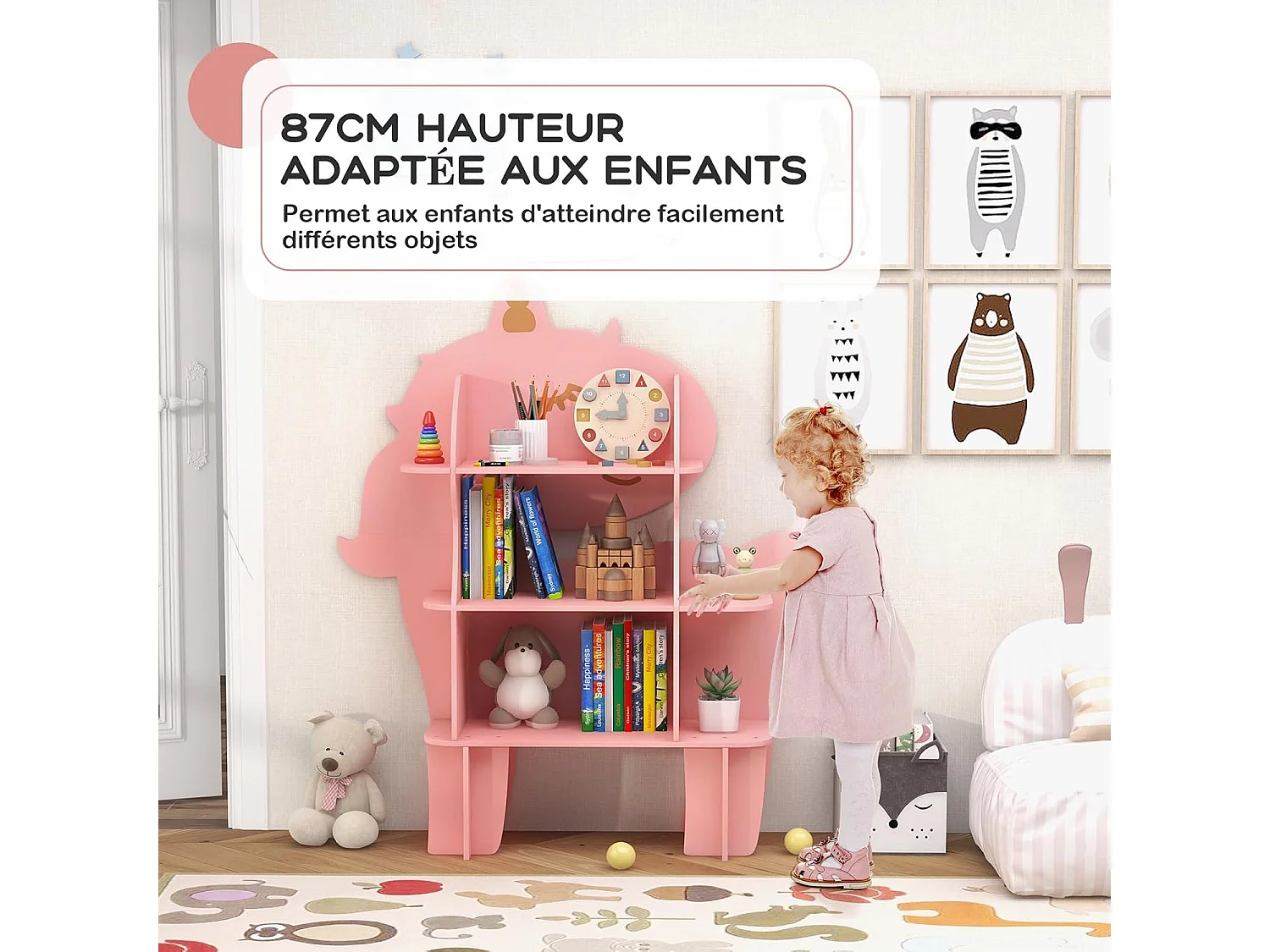 Étagère à livres enfant à 3 niveaux en forme unicorne avec étagères ouvertes
