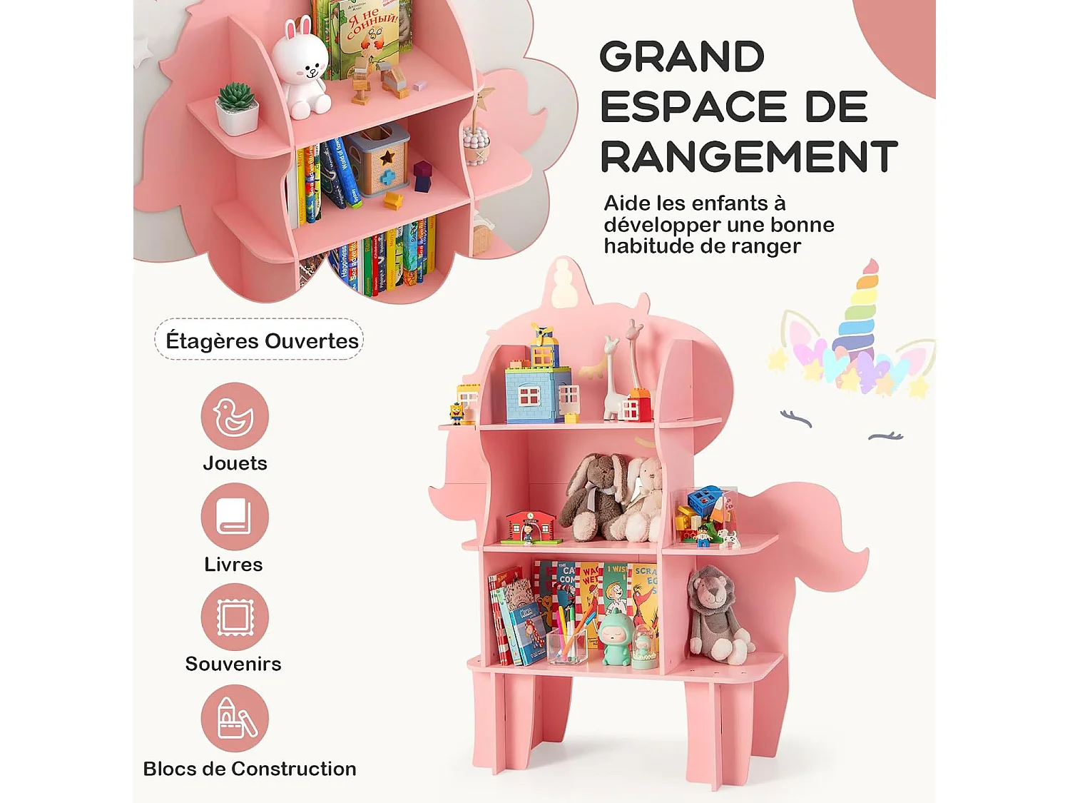Étagère à livres enfant à 3 niveaux en forme unicorne avec étagères ouvertes