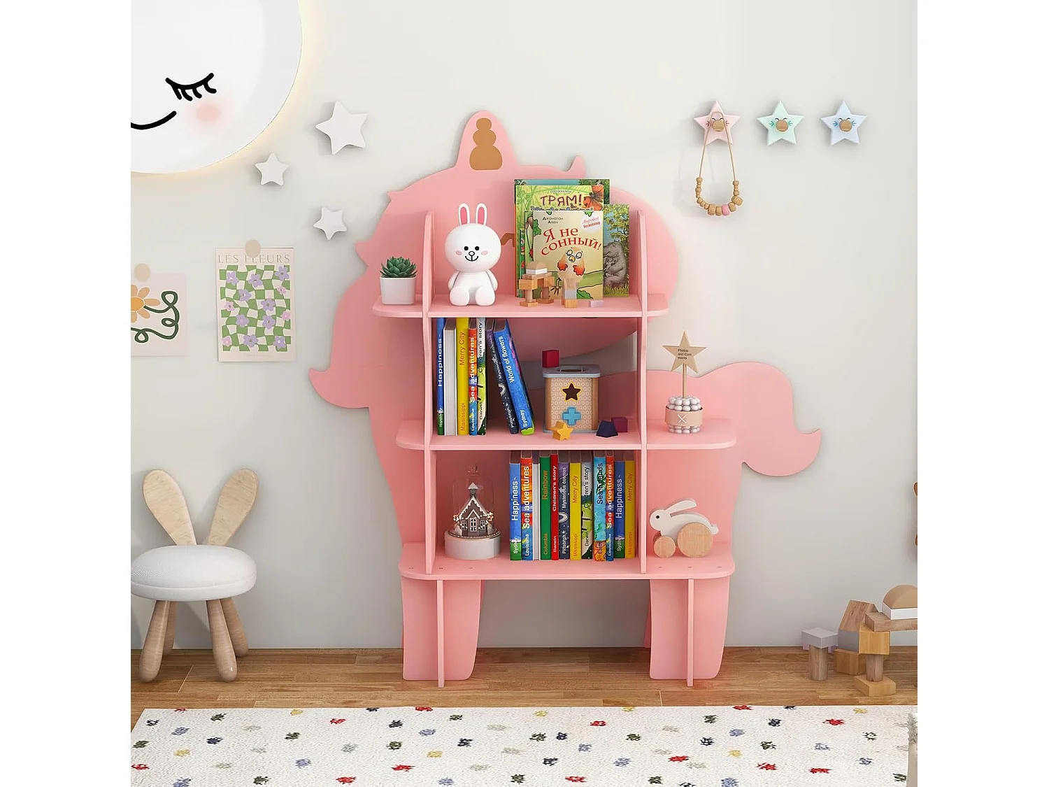Étagère à livres enfant à 3 niveaux en forme unicorne avec étagères ouvertes