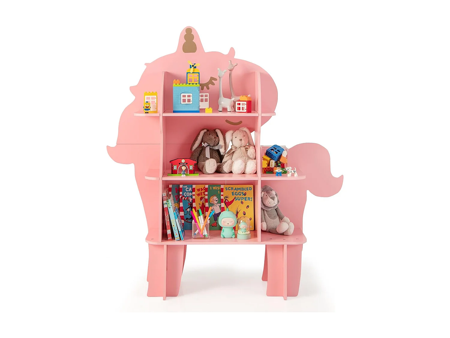 Étagère à livres enfant à 3 niveaux en forme unicorne avec étagères ouvertes