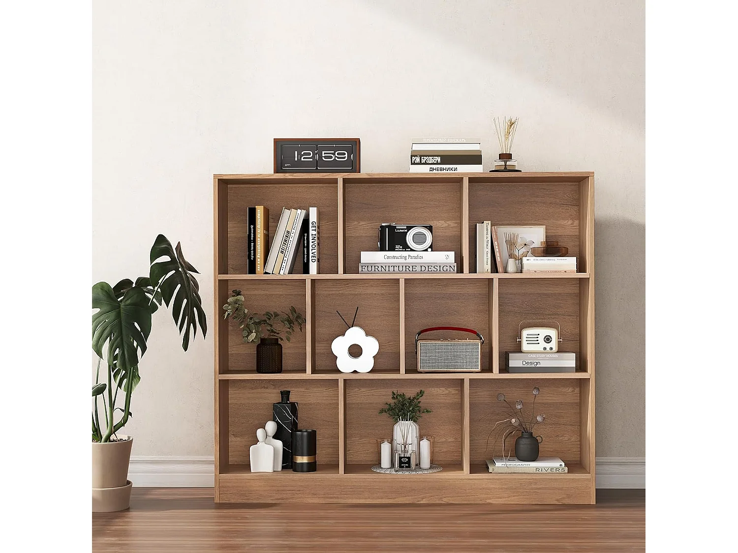 Bibliothèque étagère à 10 compartiments ouverts, meuble de rangement à 3 niveaux (naturel)