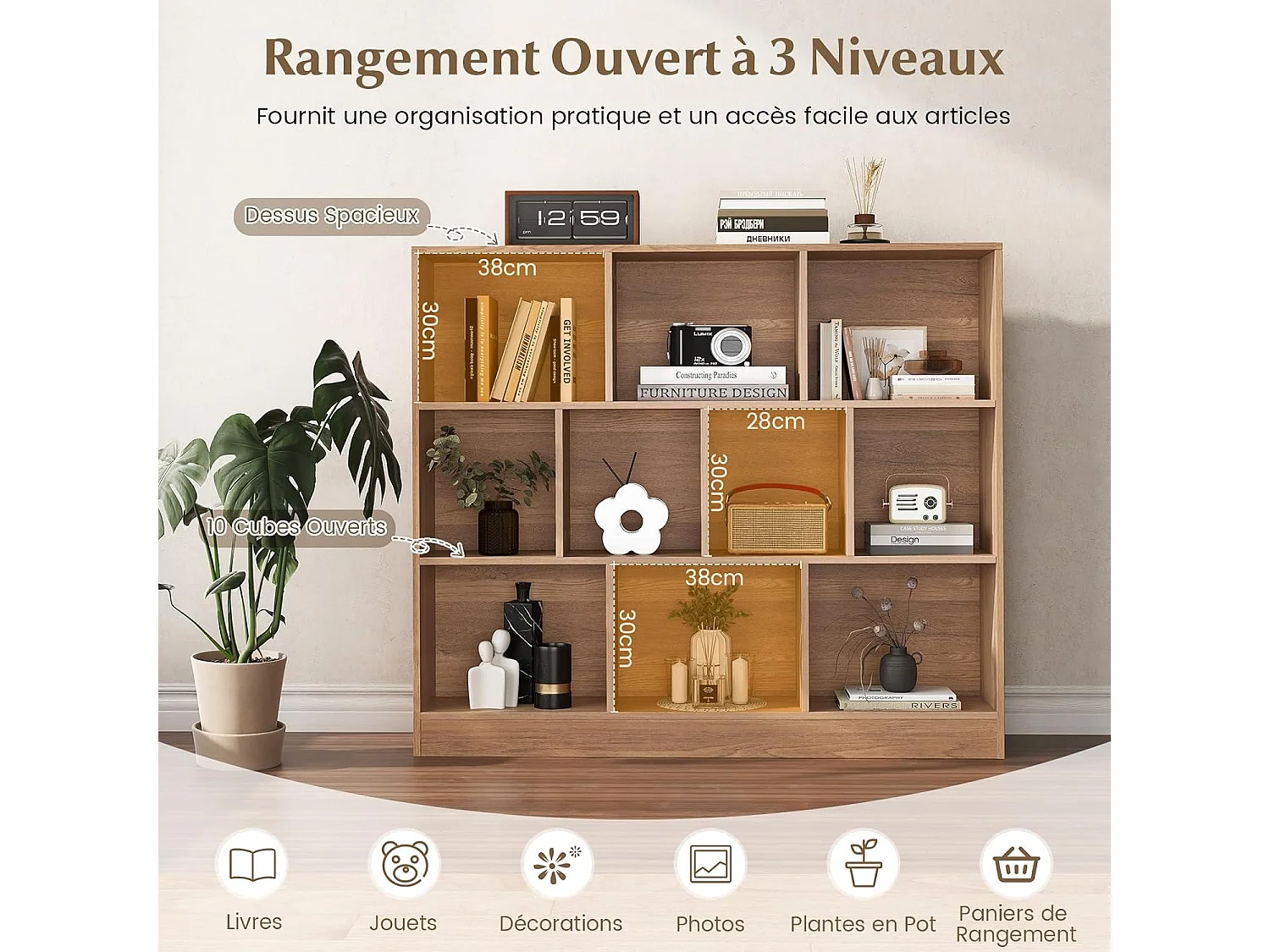 Bibliothèque étagère à 10 compartiments ouverts, meuble de rangement à 3 niveaux (naturel)