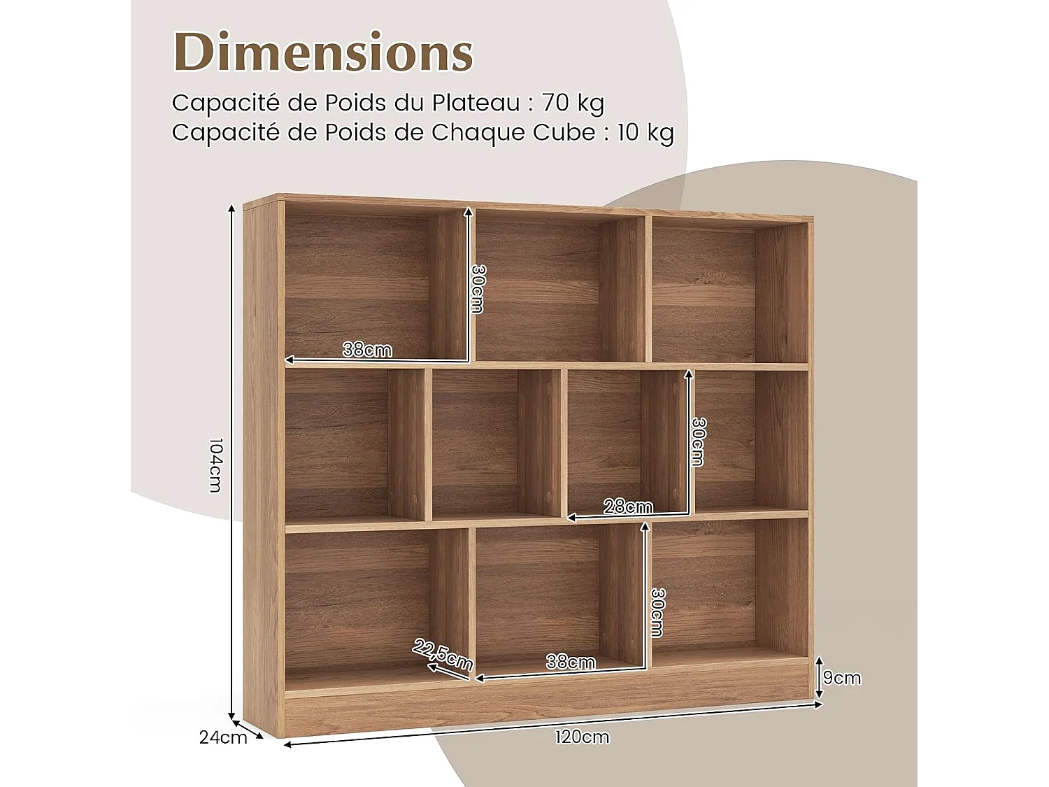 Bibliothèque étagère à 10 compartiments ouverts, meuble de rangement à 3 niveaux (naturel)