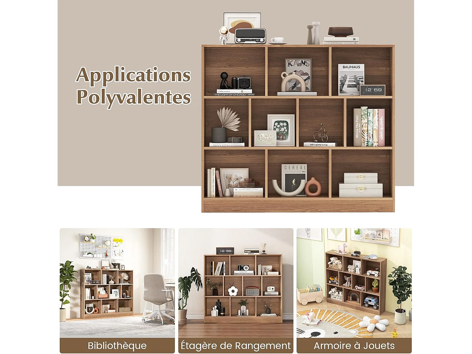 Bibliothèque étagère à 10 compartiments ouverts, meuble de rangement à 3 niveaux (naturel)