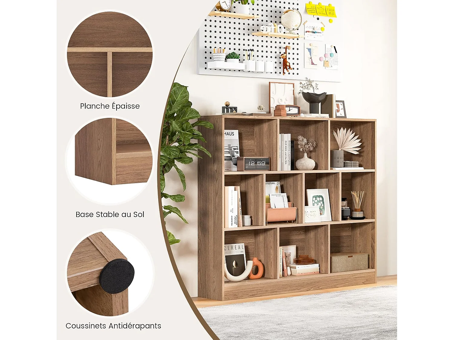 Bibliothèque étagère à 10 compartiments ouverts, meuble de rangement à 3 niveaux (naturel)