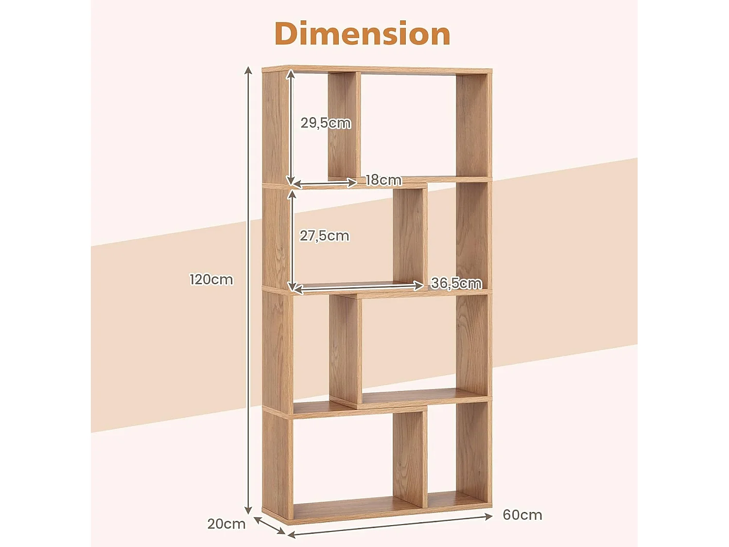 Bibliothèque étagère à 8 compartiments ouvertes,20 x 60 x 120 cm (naturel)