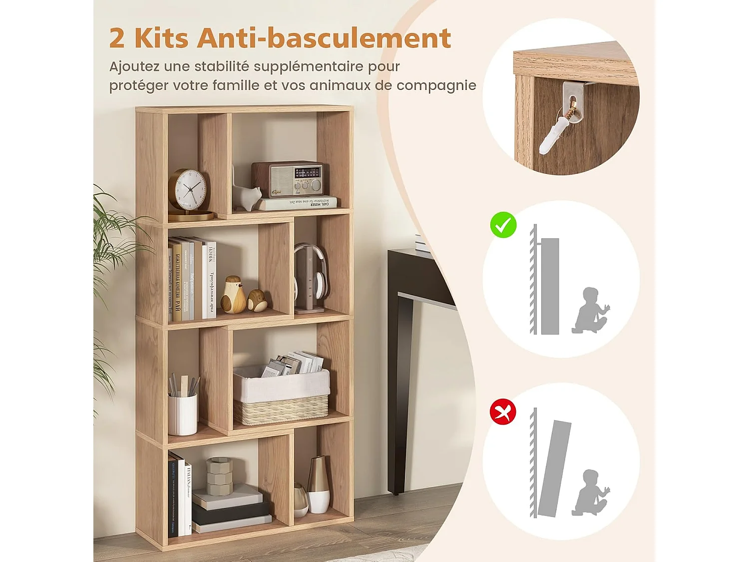 Bibliothèque étagère à 8 compartiments ouvertes,20 x 60 x 120 cm (naturel)