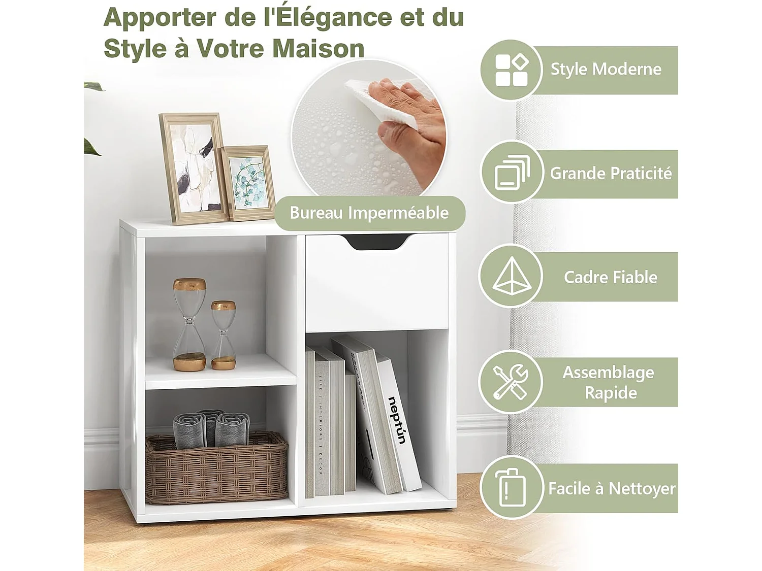 Bibliothèque à 3 cubes avec tiroir, meuble à 2 niveaux, 30 x 60 x 53 cm, blanc