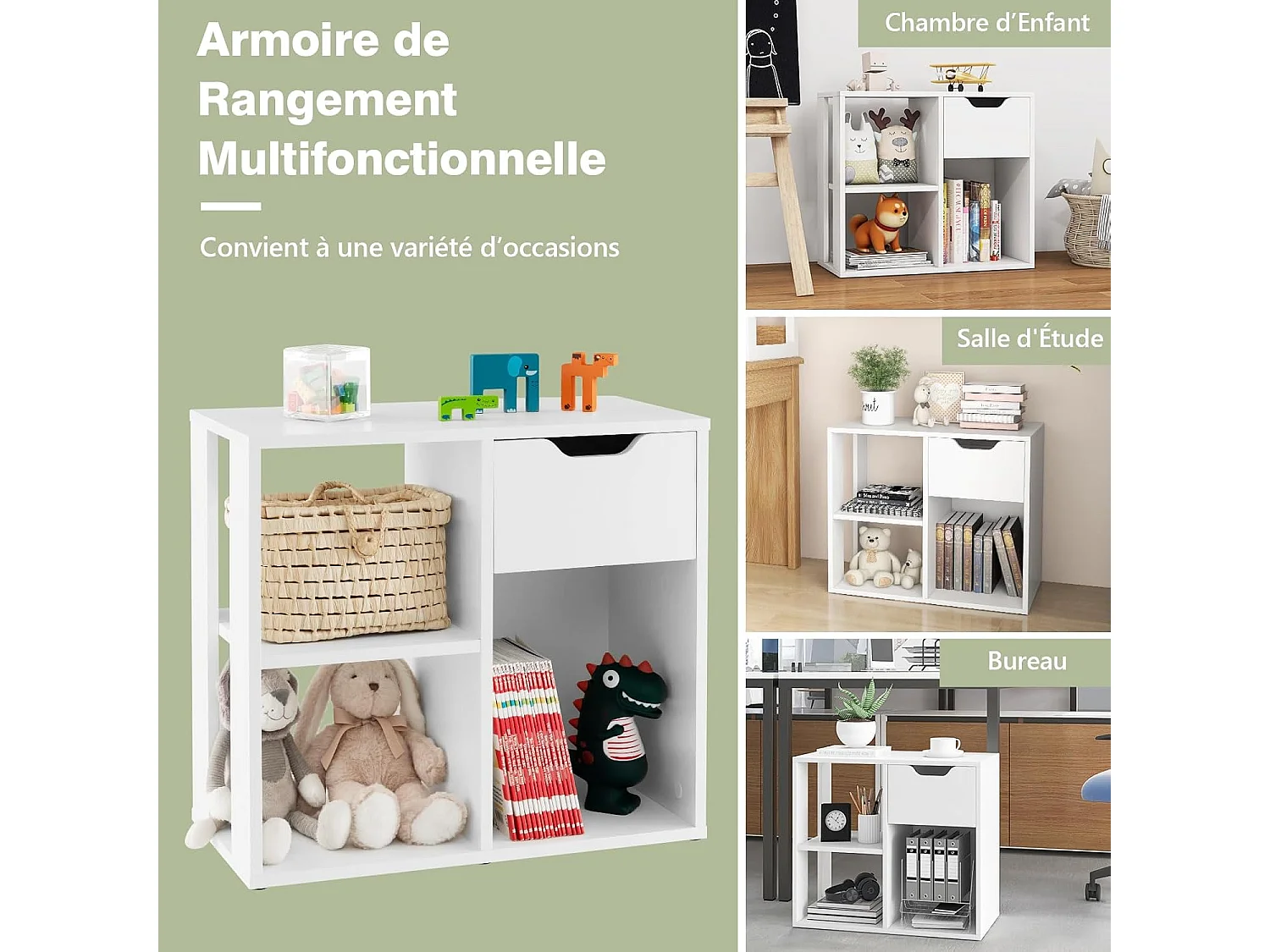 Bibliothèque à 3 cubes avec tiroir, meuble à 2 niveaux, 30 x 60 x 53 cm, blanc