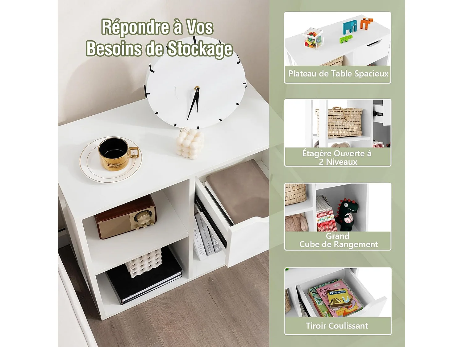 Bibliothèque à 3 cubes avec tiroir, meuble à 2 niveaux, 30 x 60 x 53 cm, blanc