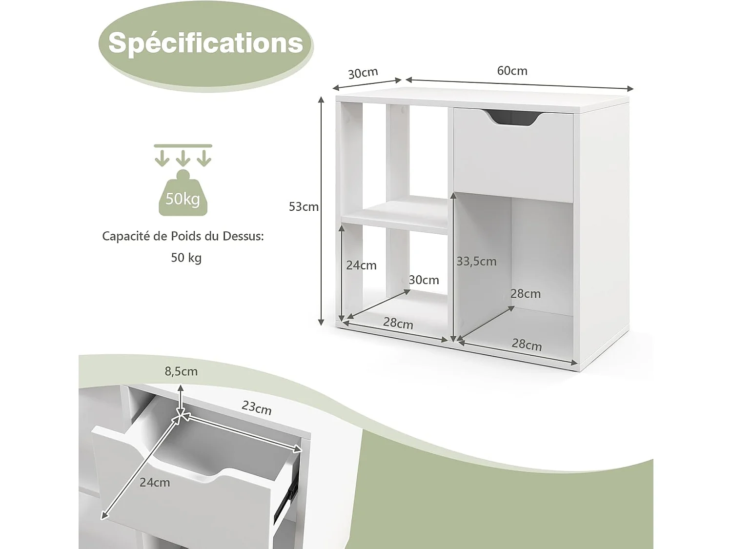 Bibliothèque à 3 cubes avec tiroir, meuble à 2 niveaux, 30 x 60 x 53 cm, blanc