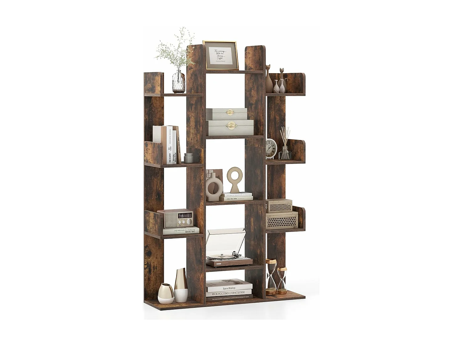 Bibliothèque arbre, 13 étagères ouvertes, etagère décorative autoportante,marron rustique