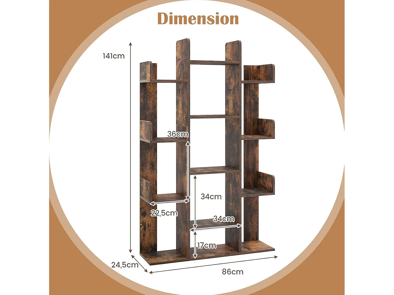 Bibliothèque arbre, 13 étagères ouvertes, etagère décorative autoportante,marron rustique