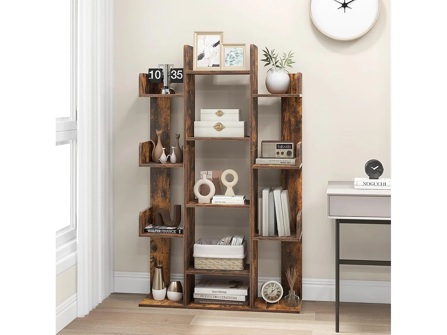 Bibliothèque arbre, 13 étagères ouvertes, etagère décorative autoportante,marron rustique